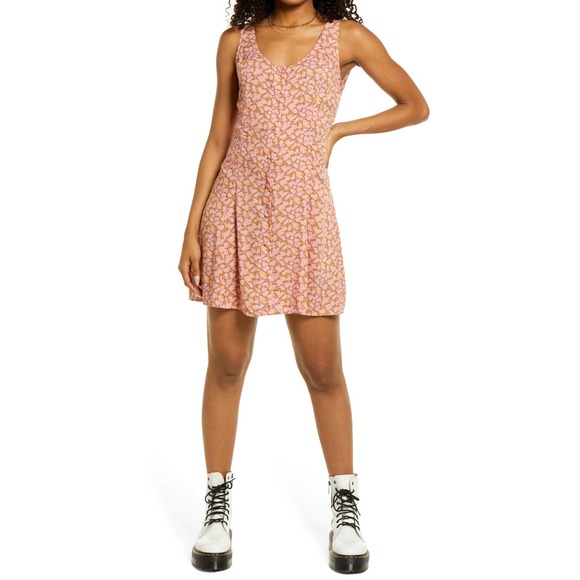 BP. Tan Pink Allison Floral Button Front Woven Tank Dress NWT Size Medium - Picture 1 of 9